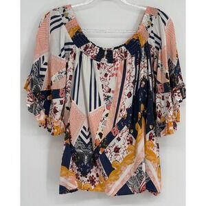 Janie Womens Patchwork Floral Print Smocked Off Shoulder Ruffle Blouse Sz‎ XS